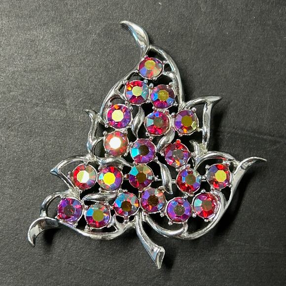 Vintage 1960's Sarah Coventry Leaf AB Rhinestone Brooch Signed - Picture 1 of 4